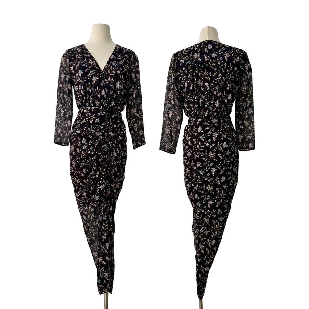 Veronica Beard Silk Merrill Drawstring Ruched Maxi Dress in Black Multi Floral 6